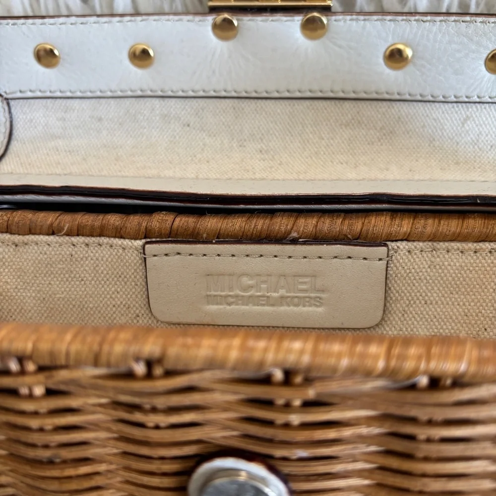 Michael Kors Wicker Minaudière Santorini White Leather Gold Studded Straw Clutch